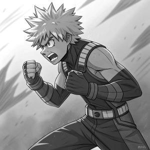 Katsuki Bakugou, from My Hero Academia, mid-battle pose. Dark shaded pencil sketch with intense expression