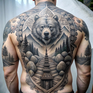 viking bear - vegvesir - stairs -  trees - tribel full back piece tattoo art design -grey and black - white background