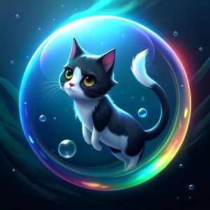anime black and white cat inside bubble underwater rainbow lights