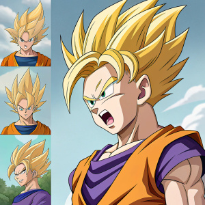 Emotional character art of Gohan from Dragon Ball Z, showcasing a range of expressions from serene to intensely emotional. Vibrant and dynamic illustrations designed for online use.