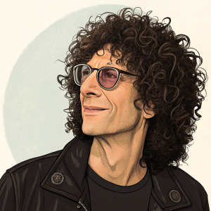 Cartoony depiction of Howard Stern. Curly hair, glasses, set against a simple, plain backdrop.
