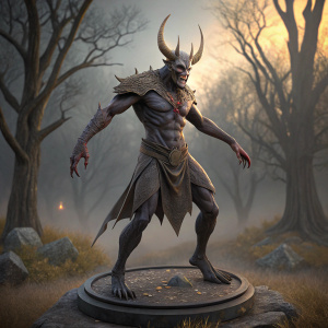 Aditya Purohit, a digital 3D model. Demon-like figure, with menacing face and horns. Posing assertively with outstretched arms. Dark, circular base. Background: muted colors of gray and gold.