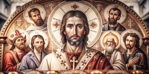 "Create a YouTube banner featuring Jesus Christ at the center, surrounded by prominent Orthodox saints such as Saint Nicholas, Saint George, and Saint Basil. Ensure the icons are traditional and placed harmoniously within the design. Use a background that complements the icons and maintains the spiritual theme."

