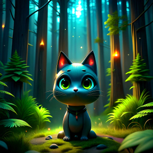 A ray of light in the forest shines on a figurine cat