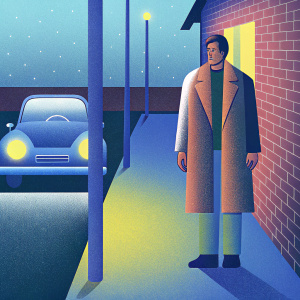 Richard Gere, walking down a narrow alleyway under the glow of dim streetlights. Night scene with a parked vintage car in the background.