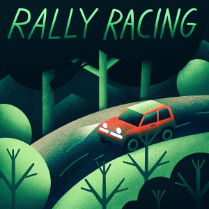 Concept art for an off-road racing game featuring a sleek red SUV on a treacherous, winding road through dense forest. 'Rally Racing' in graffiti font at the top