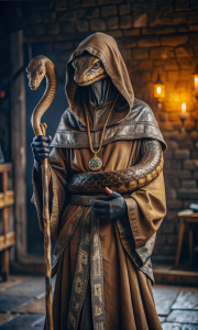 An anthropomorphic snake with arms in a spacious monk's robe with a staff in his hands, the hood covers her head, she stands tall