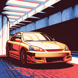 Digital illustration of a yellow Honda Integra Type R Hengkara. Wide body kit. Modern parking garage, lit with bright, neon lights