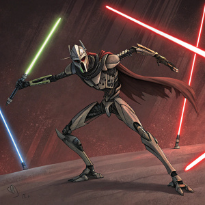 General Grievous, dynamic pose, digital art. Futuristic sci-fi look. Dark, textured background with bold, glowing red lightsaber effects