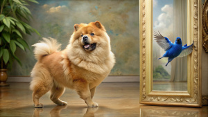 a happy chow chow dog with black spotted tongue dancing ballet with a blue in front of an impressionist style mirror

