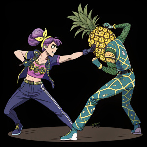 Digital illustration of Jolyne and Annasui from JoJo's Bizarre Adventure. Dramatic pose, energetic interaction. Black background.