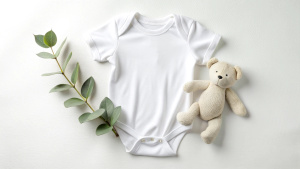 White cotton baby short sleeve bodysuit, toy teddy bear and eucalyptus branch on white ivory blanket throw background. Blank infant onesie mockup template. Top view