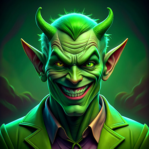 a green smiling devil, comic effect, dynamic and aesthetic, 3D color effects, edgy and modern ((Comic-Style)), trending on artstation, isolated
