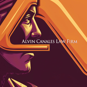 Business card for Alvin Canales Law Firm. Modern logo design in metallic gold on a deep charcoal background.