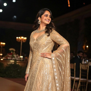 Anushka Shetty, radiant and smiling, in a shimmering golden gown. The dress features intricate patterns and designs. She poses confidently at a dimly lit gala event.