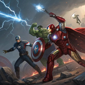 Highly detailed digital illustration for Marvel's Avengers: Battle for Earth. Epic scene featuring iconic heroes in intense battle poses. Cosmic background with vivid colors and metallic tones. Marvel branding prominently displayed. Dynamic composition showcasing unique powers and intricate designs.