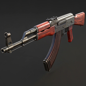3D rendering of an AK-47 assault rifle. The rifle features a dark, metallic body with a rich reddish-brown wooden stock. Detailed textures highlight the barrel and the sturdy structure. Background is a uniform dark grey.