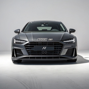 High-definition render of an Audi A7, charcoal in color, sleek design, angular lines, prominent front grille with central Audi logo. Set against a plain gray background with visible car shadow.