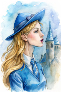 Fleur Delacour air kiss. blue hat, uniform. side view. Fleur's arrival at Hogwarts. Illustration

Ink, water painting, coloured pencil. Superdetailed