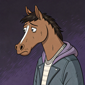 Illustration of Bojack Horseman, a brown horse with a thoughtful, weary expression. Dark purple background, limited color palette of browns and grays, comic book style.