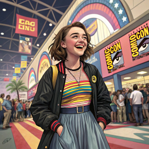 Maisie Williams, smiling broadly, at Comic-Con. She is wearing a colorful, casual outfit with a black jacket over a striped top and a flowy skirt.