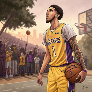 LiAngelo Ball, basketball player, in a Lakers jersey. Intense look, holding basketball in outdoor court. Fans cheering in background.