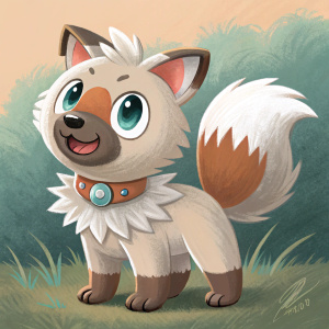 Digital painting of Rockruff, a cute and playful Pokémon. Vibrant colors, detailed fur texture, expressive eyes and facial features. White and brown color palette.