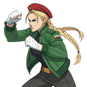 Digital illustration of Cammy from Street Fighter. Intense expression, blonde hair, green jacket and white gloves. Posed in mid-punch stance.