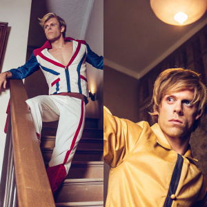 All Might, the hero, showcased in dynamic action poses. Strong, muscular figure with blonde hair and wearing a bold, colorful costume. Dark, moody background