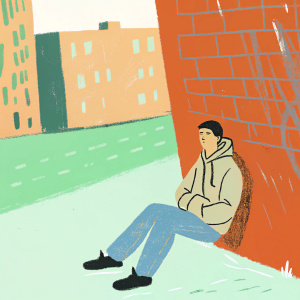 Andrew Garfield in casual attire, blue jeans and hoodie, leaning against a graffiti-covered wall in a gritty urban setting.
