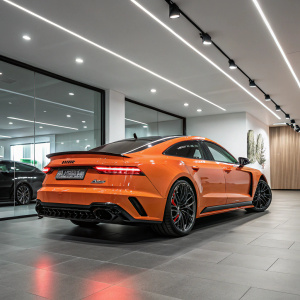 In a sleek, modern showroom, an orange Audi RS7 Sportback is the center of attention. Its rear view showcases a LED light strip and prominent branding. The sporty design includes a rear diffuser and exhaust system.