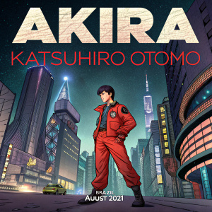 Promotional poster for 'Akira' film. Director Katsuhiro Otomo. Stylized cityscape background. Young man in red outfit. Japanese and Portuguese text. 30th anniversary re-release in Brazil. August 2021 exhibition.