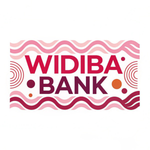 Stylized logo of Widiba Bank. Modern sans-serif font with playful wavy design elements. Predominantly pink and red hues. Clean white background.