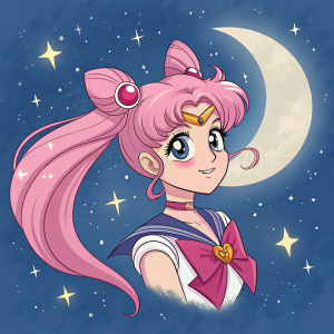 Cosmic scene with Sailor Moon's Princess Chibiusa. Pink hair, pigtails, and a youthful smile. Deep blue backdrop with twinkling stars