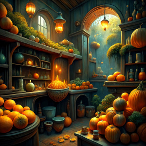 Draw me a kitchen interior with many hollowed-out oranges lit with candles. The kitchen is filled with many old objects."






