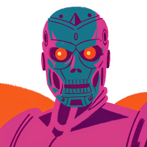 A 3D digital artwork of Arnold Schwarzenegger's Terminator face. Gray metallic surface with glaring red eyes. Focused close-up of the face, showcasing the menacing expression and sharp jawline.