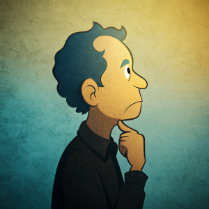 cartoon, silhouette of old thinker, profile view, simple colors