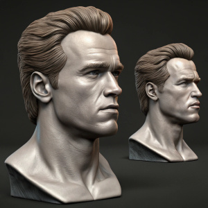 3D render of Arnold Schwarzenegger's busts from various angles. Realistic details with emphasis on facial contours and hair. Dark, neutral backdrop.