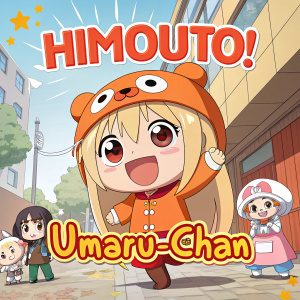 A promotional poster for the anime 'Himouto! Umaru-chan'. Umaru, the main character, stands out with her cheerful expression in a colorful, cartoonish setting. Various other characters from the series are featured in a vibrant and dynamic composition.