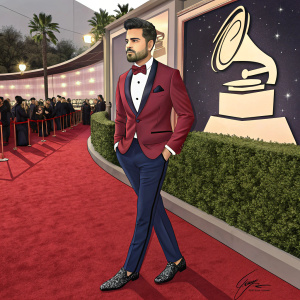 Rafael Castillo, Latin Grammy Awards, in a stylish maroon suit, navy pants, red carpet event.