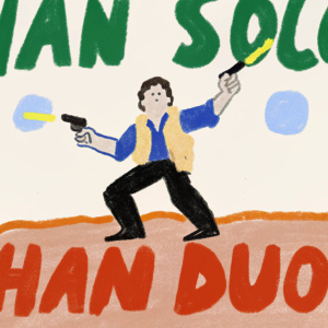 Harrison Ford as Han Solo, in a dynamic action pose, with a humorous twist. Light, plain background, comic-style overlay with 'Han Solo' and 'Han Duo' text.