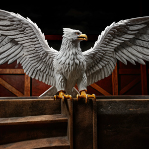 3D model of a griffon from Total War: Warhammer 2, with white feathers and outstretched wings. It stands majestically in a fantasy realm, showcasing its impressive wingspan and detailed sculpting.