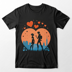 Miraculous Ladybug themed graphic t-shirt. Design features silhouette of main characters in orange and blue hues with heart-shaped accents. T-shirt is black