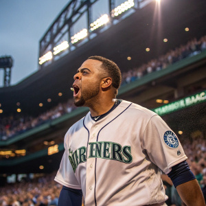 Nelson Cruz, wearing Seattle Mariners jersey, intense expression. Baseball stadium backdrop, crowd cheering