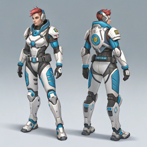 Concept art for Zarya's Tactical Trooper skin in Overwatch. Futuristic and sleek design with white, blue, and metallic accents. Multiple angles showcase the detailed artwork.