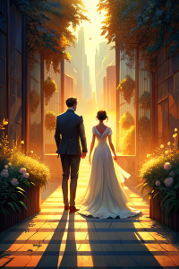Una pareja de novios vistos de espaldas, ambos de cuerpo entero, caminan juntos hacia lo que parece ser una ceremonia. La novia tiene el pelo de un negro profundo y lleva un elegante vestido blanco. Está cogiendo delicadamente el brazo de su pareja, un joven apuesto vestido con un traje clásico.

La escena es bañada por la luz del atardecer, proyectando una sombra alargada detrás de ellos. Esta sombra no corresponde a la de la pareja de novios, sino que parece reproducir la silueta de un padre y