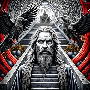 god odin and raven in walhalla stairs runen symbols pattern - perfect realistic art, high-definition, high-definition grey and black, white background 