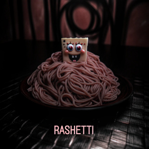 Funny image of SpongeBob SquarePants transformed into spaghetti, with playful caption 'Rashetti' at the bottom. Bright, colorful background.