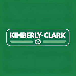 Kimberly-Clark logo featuring the brand name in bold, modern font. Green background, website header
