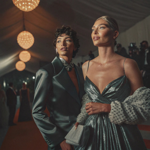 Elsa Hosk and an unknown celebrity at the Met Gala. Elsa in a stunning satin robe with lace detailing. The other in a dazzling sparkly dress with an extravagant skirt. Golden chandeliers hanging above. Crowded red carpet